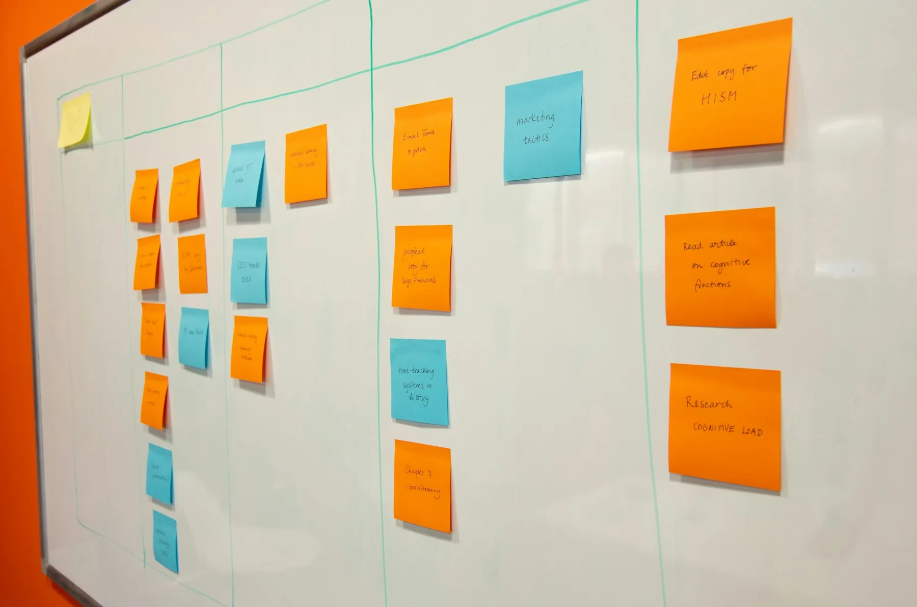 Whiteboard mit farbigen Haftnotizen in Spalten zur Planung der Sprints in der App Entwicklung
