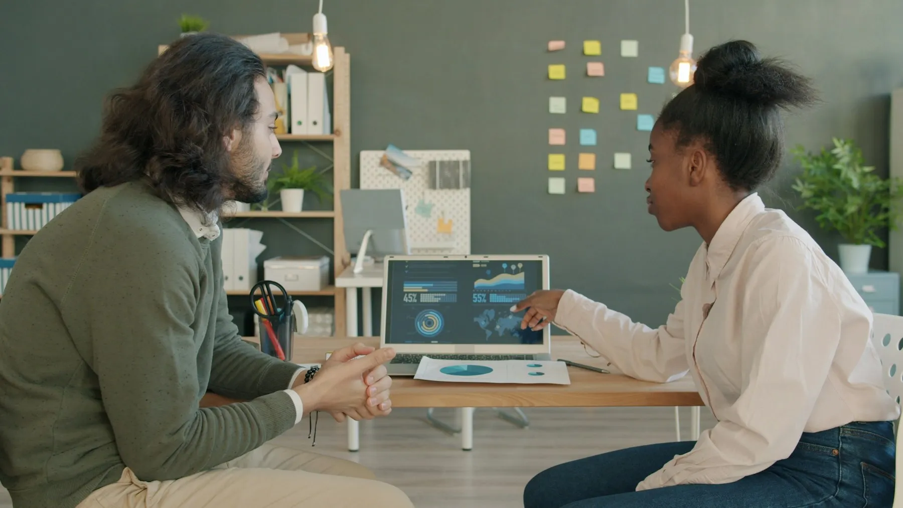 Zwei Personen besprechen im Büro ein App-Projekt an einem Bildschirm mit Diagrammen