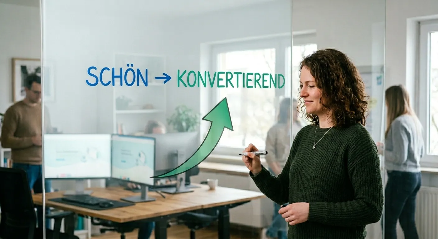 Designerin schreibt «Schön zu konvertierend» mit einem nach oben zeigenden Pfeil an eine Glaswand im Büro