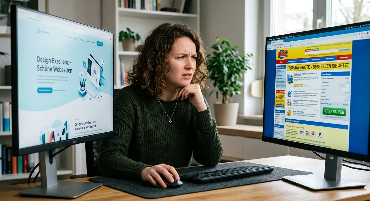 Frau betrachtet skeptisch ihre schöne Website, während auf dem zweiten Monitor ein hässlicher, aber verkaufsstarker Online-Shop zu sehen ist